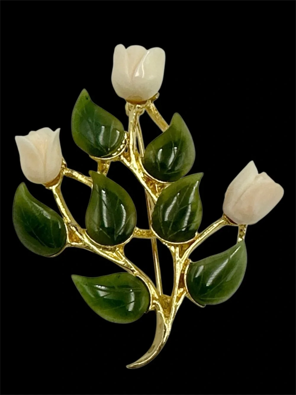 Swoboda Signed Jade & Angel Skin Coral 24K Gold Plated Flower Brooch